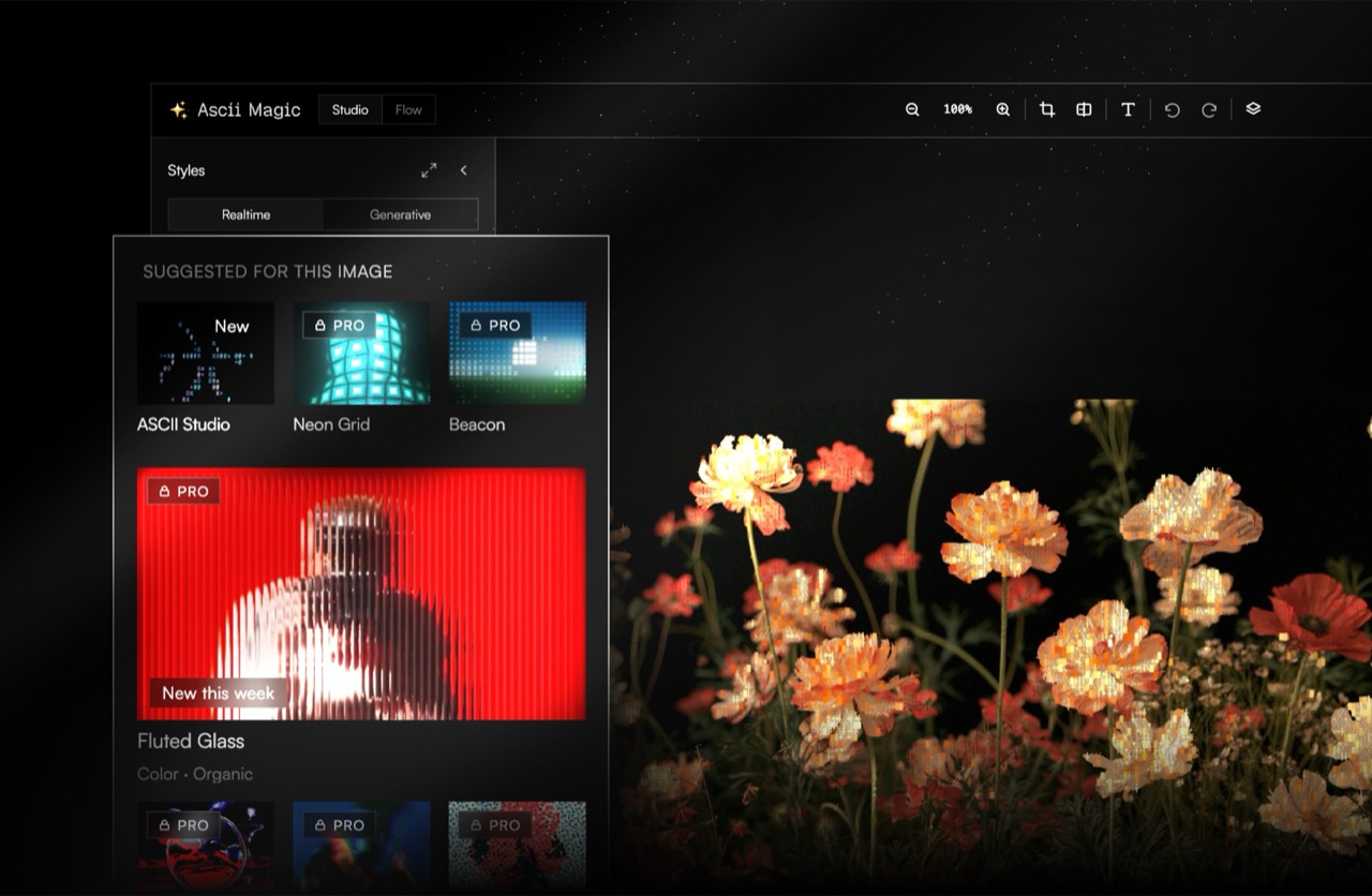 The ASCII Magic editor with the style rail open on the left, a panel of styles suggested for the loaded image, and the rendered photograph filling the canvas