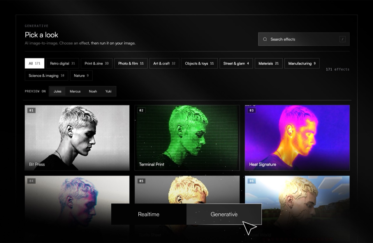 The generative picker: a search field, a row of group filters with counts, and a grid of preset cards each showing the same demo subject rendered in that look