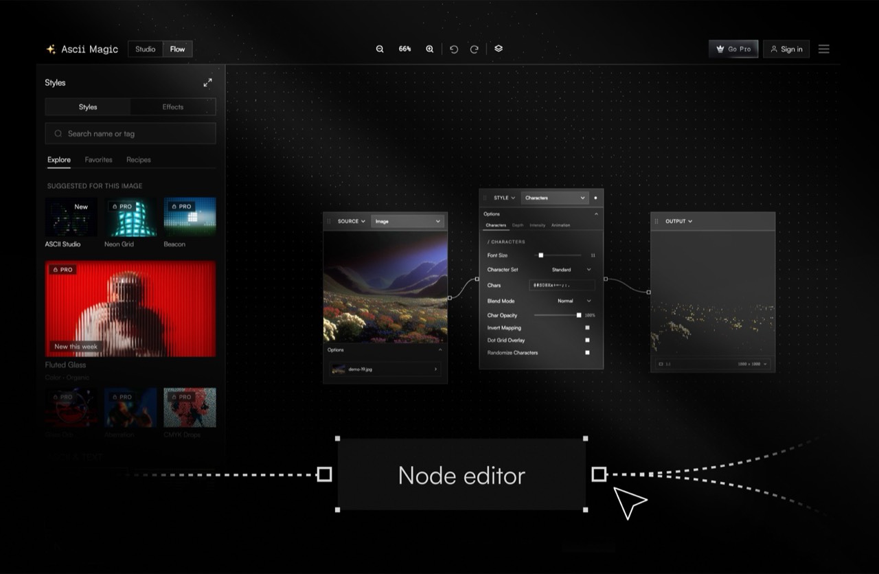 The Flow workspace showing a source node, a style node with its parameters, and an output node connected left to right on a dark canvas