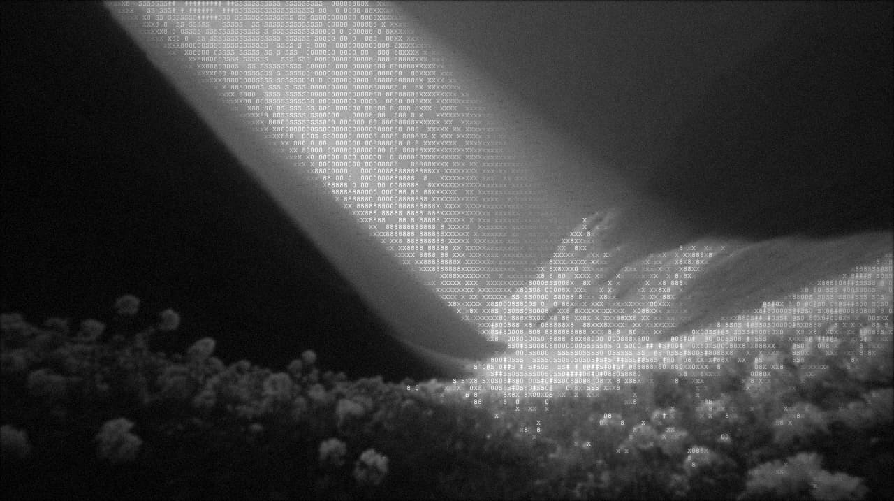 Film noir filter applied to a mountain landscape with light shaft, ASCII Magic
