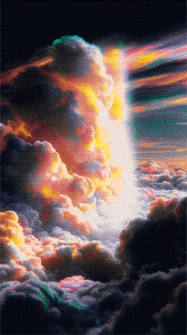 Cloud filter recipe, Bayer-8 dither in the PICO-8 palette over billowing clouds