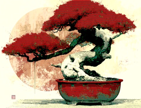Bonsai dither recipe, horizontal-line dither in a warm vintage palette
