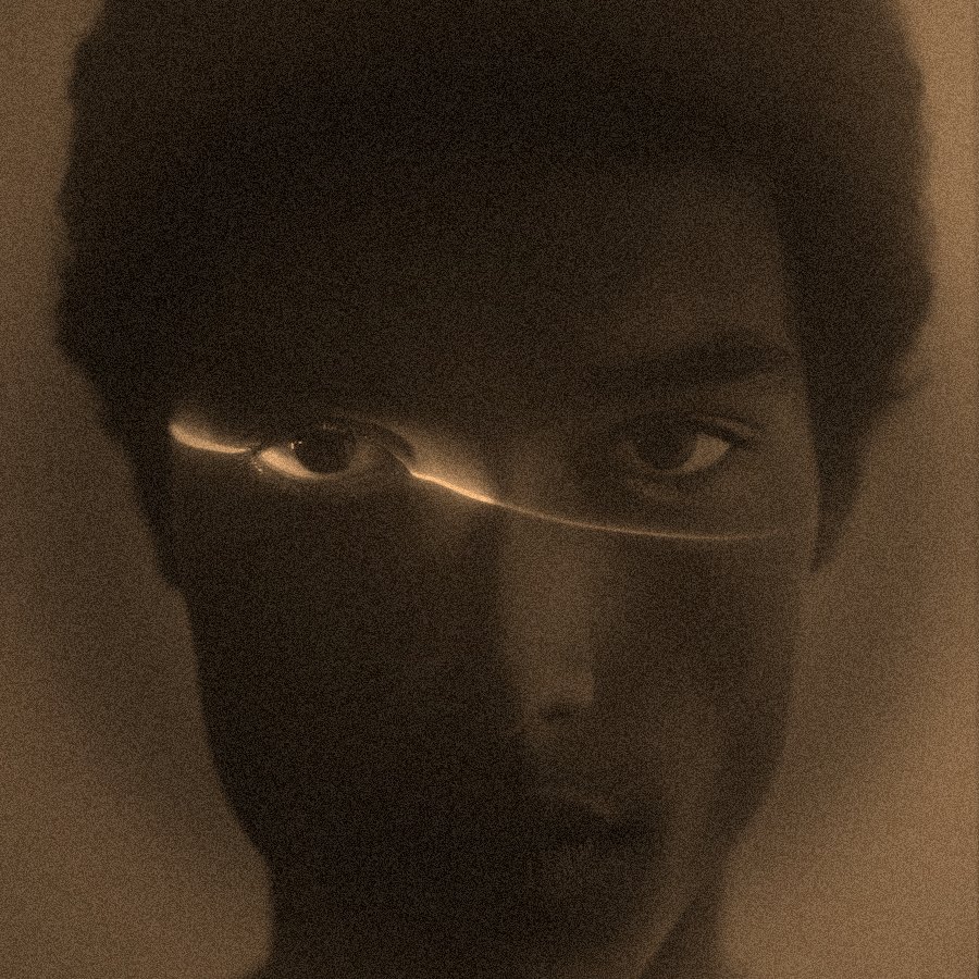 Portrait rendered by the ASCII Magic sepia filter, warm-brown dithered palette with grain and vignette