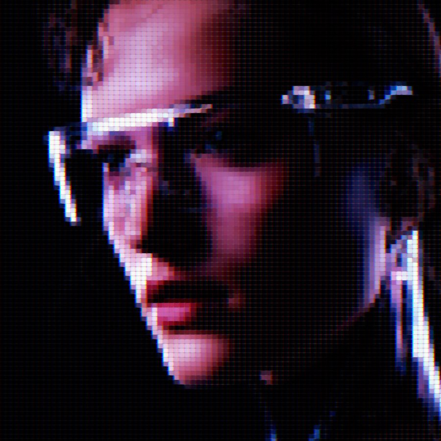 Portrait close-up rendered by the ASCII Magic Vaporwave recipe, fine pixel mosaic with chromatic shift