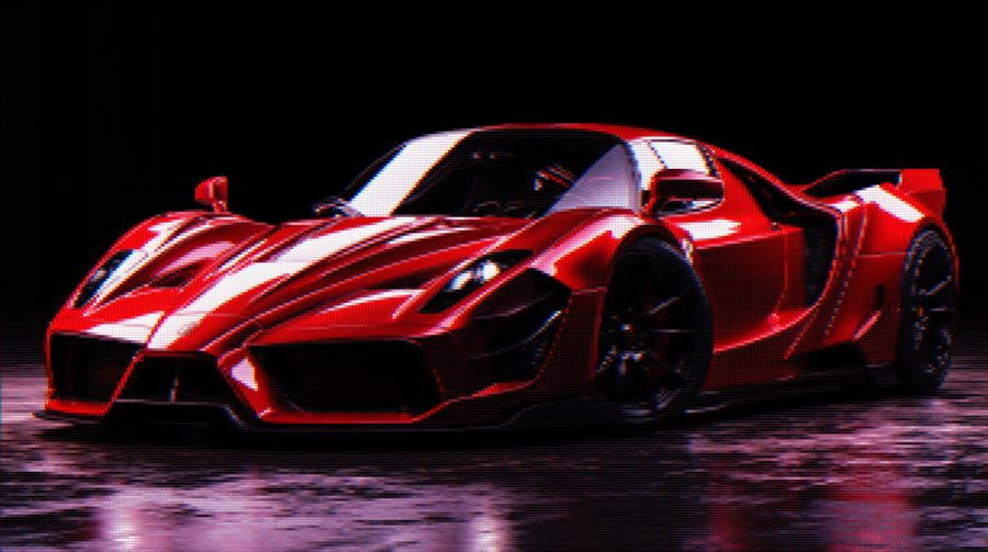 Vaporwave aesthetic filter applied to a sports car, ASCII Magic