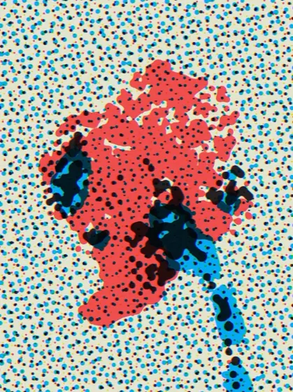 The same orchid redrawn as overlapping cyan, magenta and black halftone dots