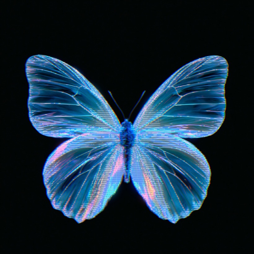 A photo redrawn as ASCII Studio shape-dither art, coloured through a palette on a solid black backdrop